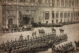 Åpning av parlamentet, ankomst av kong Umberto I til Montecitorio, Roma, Italia, gravering fra tegning av Dante Paolocci, L'Illustrazione Italiana nr. 51, 4. desember av Dante Paolocci