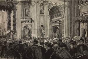 Pavelig velsignelse i anledning av Leo XIIIs episkopale jubileum, Peterskirken, Vatikanet, gravering etter tegning av Dante Paolocci, fra L'Illustrazione Italiana, år XX, nr. 10, 5. mars av Dante Paolocci
