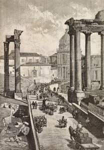 Passasje gjennom Forum, Roma, Italia, gravering fra tegning av Dante Paolocci, fra L'Illustrazione Italiana, nr. 49, 7. desember av Dante Paolocci