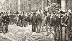 Politikere og offiserer som deltar i begravelsesprosesjonen til Luigi Mezzacapo (1814-1885), italiensk politiker og offiser, Roma, Italia, gravering fra tegning av Dante Paolocci, fra L'Illustrazione Italiana, år 12, nr. 7, 15. februar av Dante Paolocci