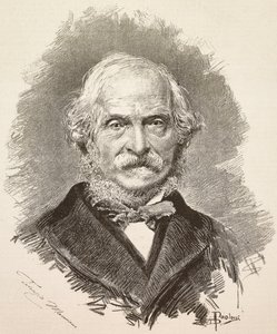 Portrett av Terenzio Mamiani (1799-1885), italiensk politiker og forfatter, gravering fra en tegning av Dante Paolocci og et fotografi av Della Valle, fra L'Illustrazione Italiana, år 12, nr. 22, 31. mai av Dante Paolocci
