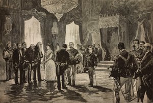 Prins av Napoli, Alfonso Maria Giuseppe Alberto av Bourbon-Two Sicilies i underløytnantuniform, ved nyttårsmottakelsen i Quirinal, Italia, gravering fra tegning av Dante Paolocci, fra L'Illustrazione Italiana, nr. 3, 16. januar