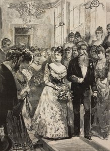 Dronning Margherita av Savoy på festen til Artistic Club (Circolo Artistico) i Roma, akkompagnert av billedhugger Giulio Monteverde, Italia, gravering etter tegning av Dante Paolocci, fra L'illustrazione Italiana, år XX, nr. 3, 15. januar av Dante Paolocci