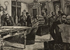 Lesesal ved Palazzo Montecitorio, Roma, Italia, gravering etter tegning av Dante Paolocci, fra L'Illustrazione Italiana, år XX, nr. 7, 12. februar av Dante Paolocci