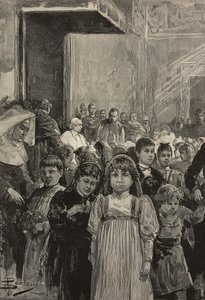 Mottak av barn ved jubileumsfeiringer av pave Leo XIII, Vatikanet, gravering etter tegning av Dante Paolocci, fra L'Illustrazione Italiana, år XX, nr. 4, 22. januar av Dante Paolocci
