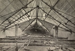 Taket og metallstolpen som støtter taket, ny arm til Archbasilica of St John Lateran, Roma, Italia, tegning av Dante Paolocci, gravering fra L'Illustrazione Italiana, nr. 29, 11. juli
