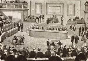 Sesjon 26. juli i det italienske senatet, Roma, Italia, gravering fra en tegning av Dante Paolocci, L'Illustrazione Italiana, nr. 42, 13. august av Dante Paolocci