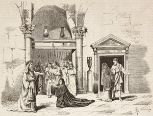 Høyestepavens kabinett i palasset, Postumia tigger Fabio Massimo, Rome Vaincue av Alexandre Parodi, akt V, gravering av Dante Paolocci fra skisser av Zandomenico fra L'Illustrazione Italiana, nr. 58, 3. desember av Dante Paolocci