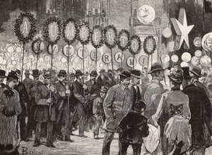 Fakkellykt til ære for kong Umberto I kvelden 1. desember, Roma, Italia, gravering fra tegning av Dante Paolocci, fra L'Illustrazione Italiana, nr. 50, 14. desember av Dante Paolocci