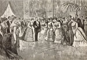 Umberto I (1844-1900), konge av Italia, og hans kone Margherita av Savoy (1851-1926) på ball i Quirinal Palace, Roma, Italia, gravering fra tegning av Dante Paolocci, fra L'Illustrazione Italiana, år 12, nr. 9, 1. mars