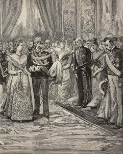 Umberto I og Margherita av Savoy på konsert i anledning sølvbryllupet deres, Palazzo del Quirinale, Roma, Italia, gravering etter tegning av Dante Paolocci, fra L'Illustrazione Italiana, år XX, nr. 18, 30. april