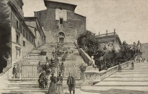 Utsikt over basilikaen Santa Maria i Aracoeli, Roma, Italia, gravering etter tegning av Dante Paolocci, fra L'Illustrazione Italiana, år XX, nr. 53, 31. desember