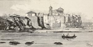 Utsikt over Neptun, Italia, gravering fra tegning av Dante Paolocci, fra L'Illustrazione Italiana, nr. 12, 23. mars av Dante Paolocci