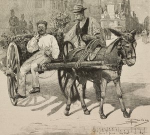 Vannselger (acquarolo), som selger vann fra Acetosa-fontenen i gatene i Roma, Italia, gravering etter tegning av Dante Paolocci, fra L'Illustrazione Italiana, år XX, nr. 28, 9. juli