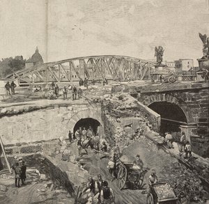 Arbeid på Ponte Sant'Angelo under realisering av Tiber-banker, Roma, Italia, gravering etter tegning av Dante Paolocci, fra L'Illustrazione Italiana, år XX, nr. 2, 8. januar