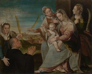 Jomfru og barn med Sants Catherine, Lucy, Justina av Padua og en benediktinermunk av Dario Varotari the Elder