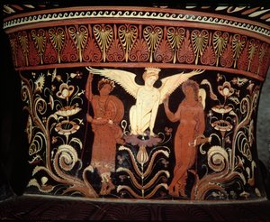 Apuliansk voluttkrater med røde figurer, detalj av halsen som viser Ødipus og Sfinxens keramikk, se også 153772 av Darius Painter