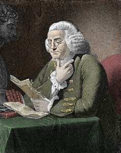 Portrett av Benjamin Franklin (1706-1790), amerikansk filosof, fysiker og ambassadør. Gravering etter et maleri av David Martin. av David (after) Martin
