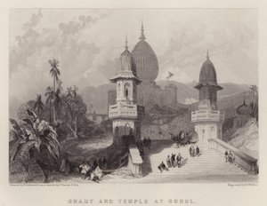 Ghaut og tempel ved Gokul (farge litho) av David (after) Roberts