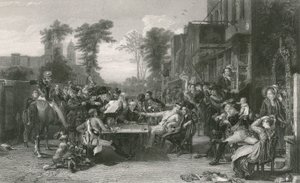 Chelsea-pensjonister leser bladet om slaget ved Waterloo (gravering)