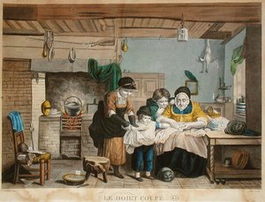 The Cut Finger, gravert av Joly, ca. 1830-40 (farget gravering) av David (after) Wilkie