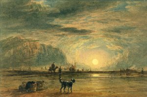 Strandscene - soloppgang, ca. 1820 (akvarell og penn over grafitt på papir) av David (attr. to) Cox