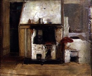 A Kitchen Hearth (olje på lerret) av David (follower of) Wilkie