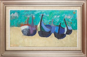 Båter på Nazare (olje om bord) av David Alan Redpath Michie
