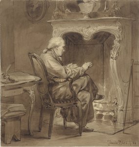 Gammel mann varmer seg ved peisen