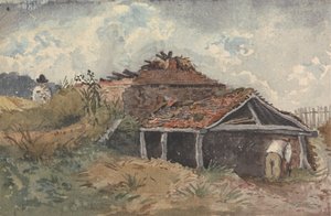 Landskap med to figurer ved siden av en gammel bygning