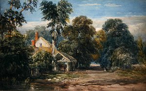 En hytte og byre på kanten av en skog av David Cox