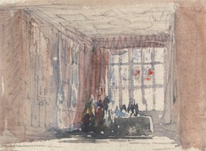Et Tudor-rom med figurer, muligens Hardwick Hall eller Haddon Hall av David Cox