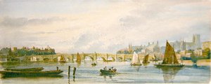En utsikt over Westminster Bridge ser vestover mot Lambeth Palace og Westminster Abbey (blyant og akvarell på papir) av David Cox