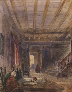 Interiør med figurer ved et bord (wc på papir)