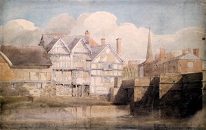 Gamle hus og Wye Bridge, Hereford, 1820 av David Cox
