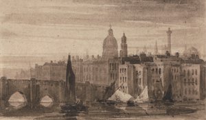 Old London Bridge og St. Paul's Cathedral fra Themsen av David Cox