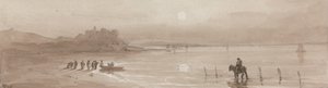 Seacoast, solnedgang med Harlech Castle av David Cox