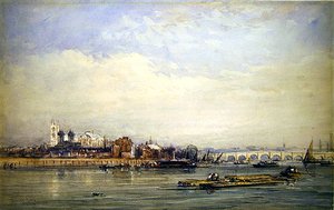 Westminster og Themsen fra Battersea Shore (akvarell på papir) av David Cox