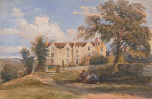 Gruppe som sitter på eiendommen til et stort hus av David Cox Jr.