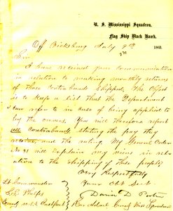 Brev fra David D. Porter, USA Black Hawk, utenfor Vicksburg, til Seth Ledyard Phelps, kommanderende i USA Eastport, 9. juli 1863 av David D. Porter