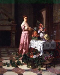 Dame med frukt og blomster på et bord av David Emil Joseph de and Knarren P. Noter