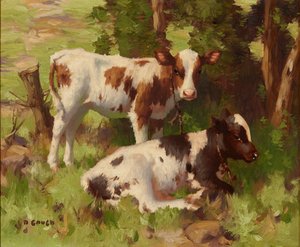 Kalver i et sommerlandskap (olje på lerret) av David Gauld