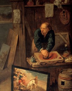 Malerverksted med modellposering og fargesliper Detalj. Maleri av David III Ryckaert (1612-1661), Ec. Flam