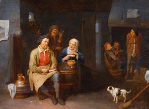 Interiøret i et vertshus med bønder som røyker, 1647