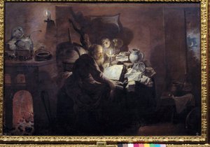 Alkymisten i studioet sitt. Maleri av David Ryckaert III (Rijckaert) (1612 - 1661) Ec. Flam.
