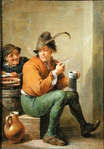 En bonde som holder en steintøymugge og et leirrør (olje på panel) av David III Teniers
