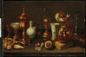 Stilleben med skjell, med nautilus, vaser, glass og korallgrener av David II Ryckaert