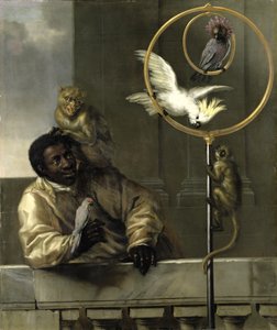 Svart mann med papegøyer og aper, 1670