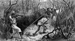 Manyema bakholdsangrep, Sentral-Afrika, gravering fra Last Journals of David Livingstone, av David Livingstone (1813-1873), London av David Livingstone