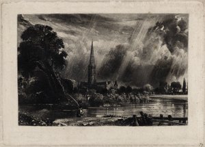 Salisbury Cathedral, ca. 1832 (mezzotint med hvitt kritt på lagt papir) av David Lucas